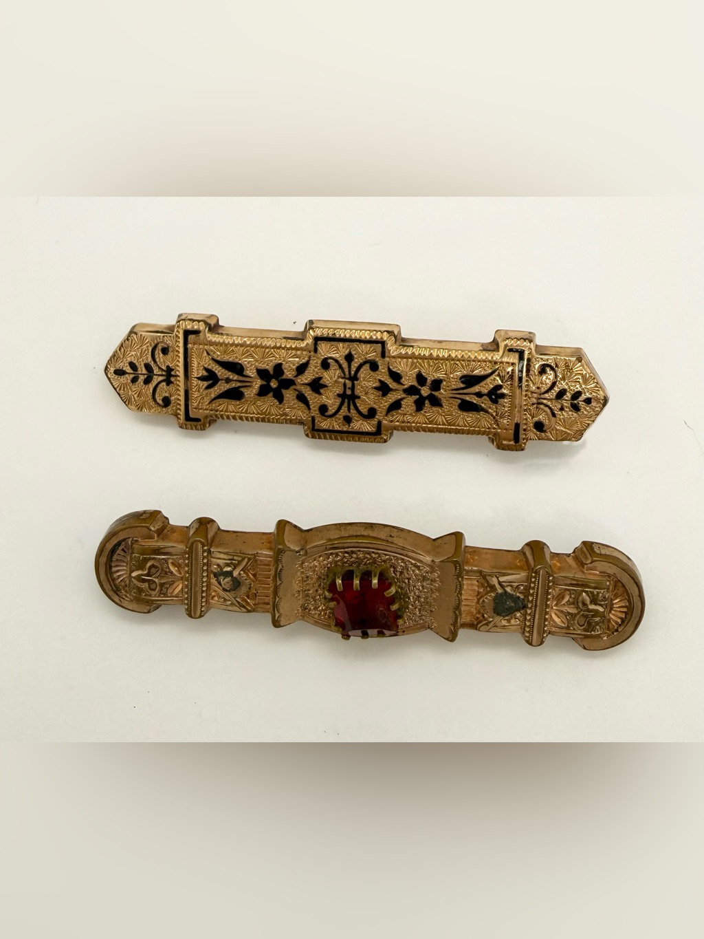 Vintage Victorian Gold Filled Floral Filigree Brooch Pin Red Rhinestone Enamel